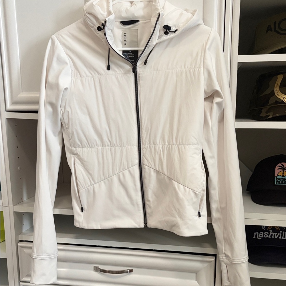 Vuori White Hooded Utility Jacket with Black Trim